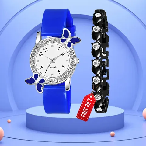 Butterfly Design Case Dial Pu Belt Analog Women Watch With Free Gift Diamond Bracelet Only For You