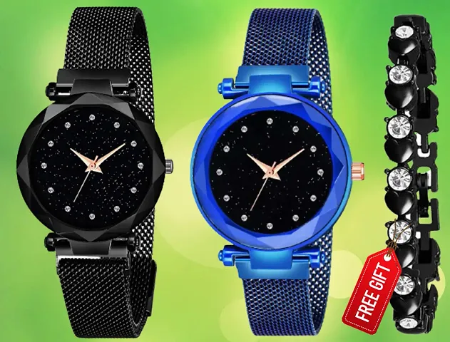 Diamond Studded Dial Megnetic Mesh / Strap Analog Watch With Free Gift Diamond Bracelet Only For Cute Girls /Women