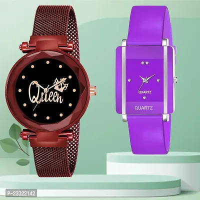 Queen Design Black Dial Red Mesh Megnetic Strap With Rectangle Purple Dial Purple PU Belt Analog Watch Form Women/Girls-thumb0