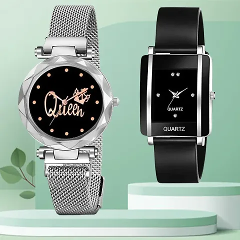 Queen Design Dial Mesh Megnetic Strap With Rectangle Dial PU Belt Analog Watch Form Women/Girls