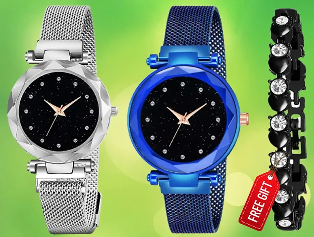 Diamond Studded Dial Megnetic Mesh / Strap Analog Watch With Free Gift Diamond Bracelet Only For Cute Girls /Women