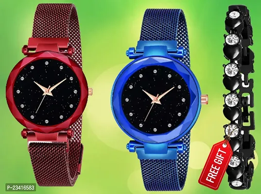 Diamond Studded Sky Dial Megnetic Mesh Red / Blue Strap Analog Watch With Free Gift Diamond Black Bracelet Only For Cute Girls /Women-thumb0