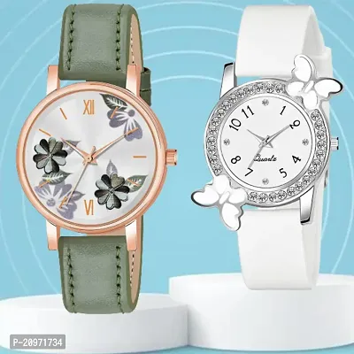 Green Flower Dial Green Belt Analog Watch With day-flying Design White Dial White PU Belt For Women/Girls-thumb0