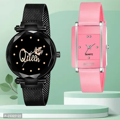 Queen Design Black Dial Black Mesh Megnetic Strap With Rectangle Pink Dial Pink PU Belt Analog Watch Form Women/Girls