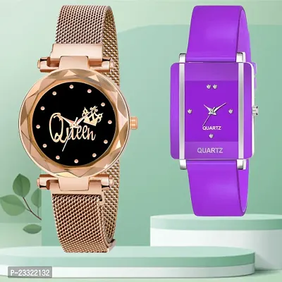 Queen Design Black Dial Gold Mesh Megnetic Strap With Rectangle Purple Dial Purple PU Belt Analog Watch Form Women/Girls-thumb0