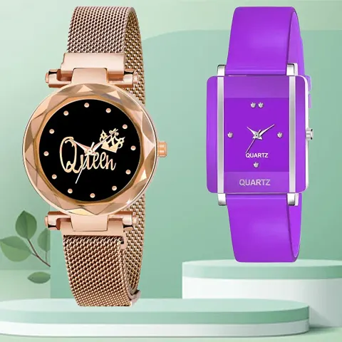 Queen Design Dial Mesh Megnetic Strap With Rectangle Dial PU Belt Analog Watch Form Women/Girls