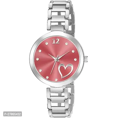 Unique Design Heart Love Pink Dial and Metal Mesh Silver strap Analog watch for girls and women