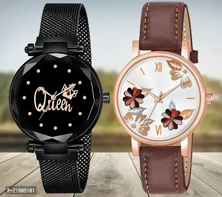 Queen Black Dial Megnetic Black Mesh Strap Brown Flower Dial Brown Belt Analog Combo Watch For Girls/Women