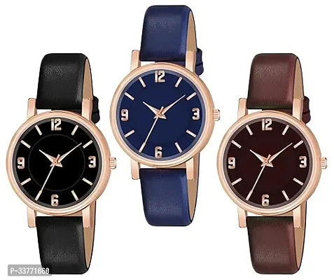 Pack Of 3 Round Dial Synthetic Leather Analog Watch For Women-thumb0