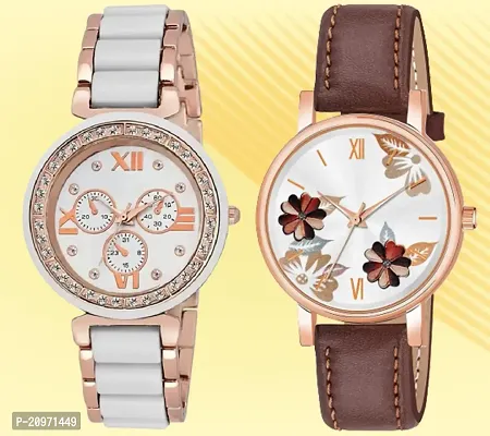 Mina White Dail Mesh Belt Analog Watch With Brown Flower Dial Brown Belt Analog Watch  For Women/Girls Pack Of 2