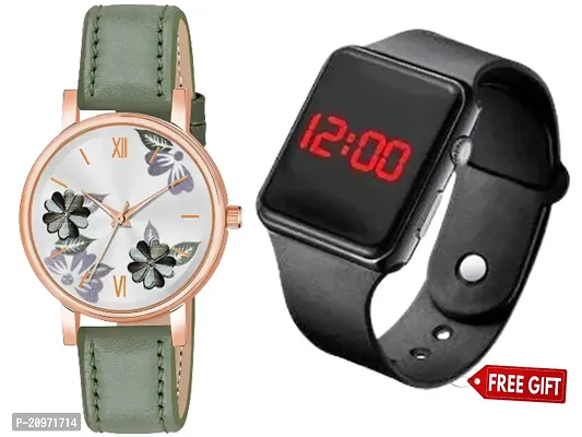 Green Flower Dial Green Belt Analog Watch For Women/Girls With Free Gift Square Digital Black Watch For Your Lovely Boys/Girls