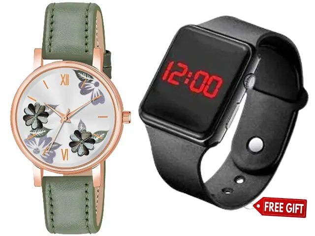 Flower Dial Belt Analog Watch For Women/Girls With Free Gift Square Digital Watch For Your Lovely Boys/Girls