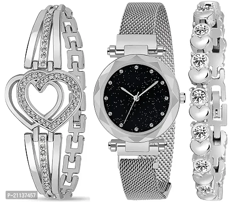 Diamond Studded Sky Dial Silver Magnetic Belt Analog Watch With Silver Heart Shap  Diamond Bracelet For Women/Girls Pack Of 3