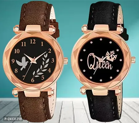 Bird Leaf Design Dial Brown Synthetic Leather Belt With Queen Dial Black Synthetic Leather Belt Analog Watch For Girls / Women-thumb0