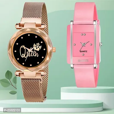 Queen Design Black Dial Gold Mesh Megnetic Strap With Rectangle Pink Dial Pink PU Belt Analog Watch Form Women/Girls