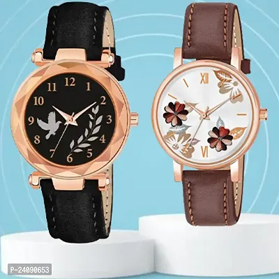 Bird Leaf Design Dial Black Synthetic Leather Belt With Brown Flower Brown Synthetic Leather Belt Analog Watch For Girls / Women