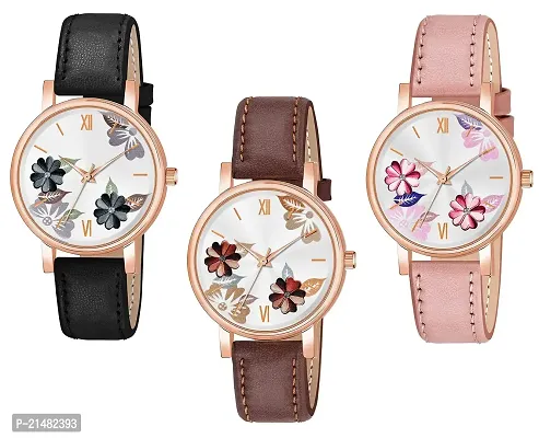 Unique Design Multicolor Flower Dial Multicolor Leather Belt Analog Combo watch for Women/Girls Pack Of 3