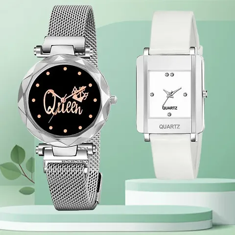 Queen Design Dial Mesh Megnetic Strap With Rectangle Dial PU Belt Analog Watch Form Women/Girls