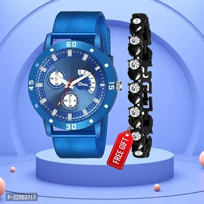 Unique Design Blue Dial Pu Belt Analog Men Watch With Free Gift Diamond Black Women/Girl Brecelet-thumb0