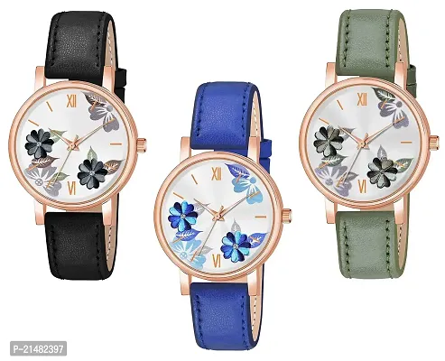 Unique Design Multicolor Flower Dial Multicolor Leather Belt Analog Combo watch for Women/Girls Pack Of 3