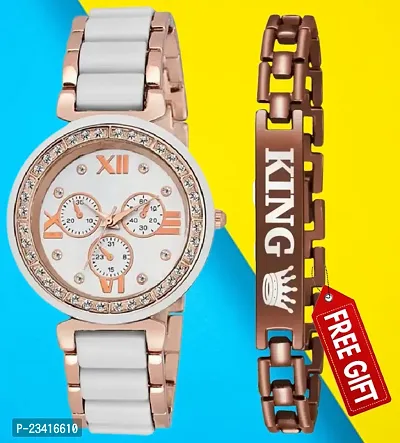 Classic Design White Dial Mina Mesh Strap Analog Watch With Free Gift KIng Brown Girls / Women-thumb0