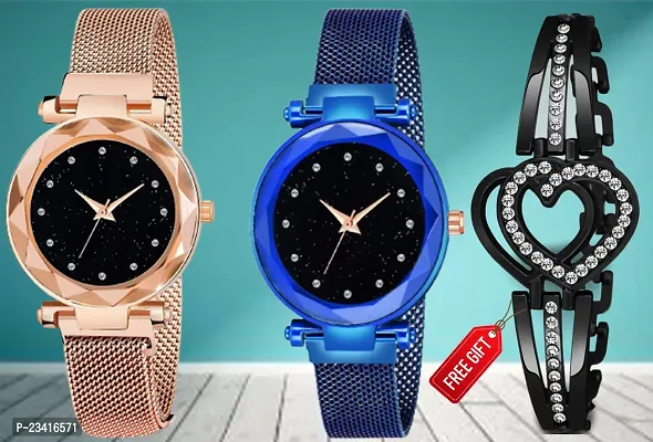 Diamond Studded Sky Dial Megnetic Mesh Gold / Blue Strap Analog Watch With Free Gift Heart Black Bracelet Only For Cute Girls /Women-thumb0