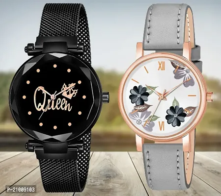 Queen Black Dial Megnetic Black Mesh Strap Grey Flower Dial Grey Belt Analog Combo Watch For Girls/Women