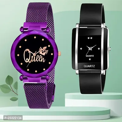 Queen Design Black Dial PurpleWith Rectangle Black Dial Black PU Belt Analog Watch Form Women/Girls-thumb0