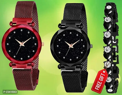 Diamond Studded Sky Dial Megnetic Mesh Red / Black Strap Analog Watch With Free Gift Diamond Black Bracelet Only For Cute Girls /Women