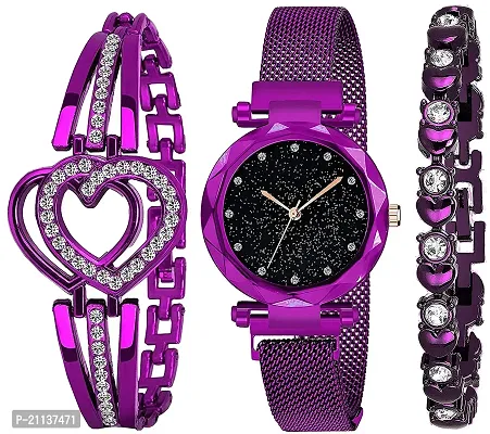 Diamond Studded Sky Dial Purple Magnetic Belt Analog Watch With Purple Heart Shap  Diamond Bracelet For Women/Girls Pack Of 3-thumb0