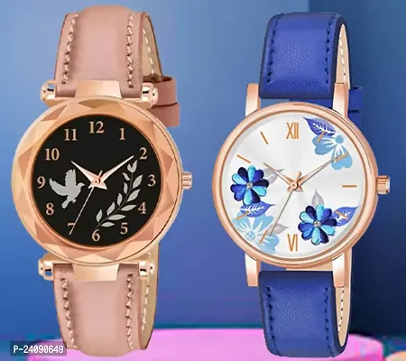 Bird Leaf Design Dial Pink Synthetic Leather Belt With Blue Flower Blue Synthetic Leather Belt Analog Watch For Girls / Women