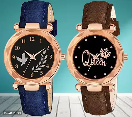 Bird Leaf Design Dial Blue Synthetic Leather Belt With Queen Dial Brown  Synthetic Leather Belt Analog Watch For Girls / Women-thumb0