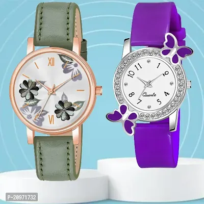 Green Flower Dial Green Belt Analog Watch With day-flying Design White Dial Purple PU Belt For Women/Girls