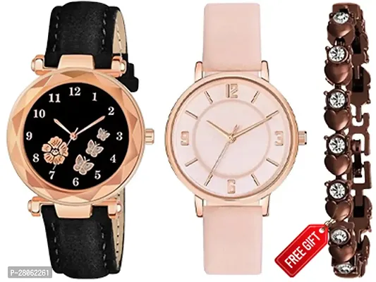 Modern Fashion 2 Watch Combo For Women And Girls With Free Gift Diamond Brown Bracelet-thumb0