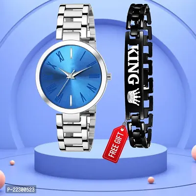 Blue Dial silver Chain Strap Women Anlaog Watch With Free Gift King Black Bracelet