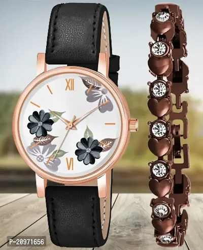 Black Flower Dial Black Belt Analog Watch With Diamond Brown Bracelet For Beautiful Women/Girls-thumb0