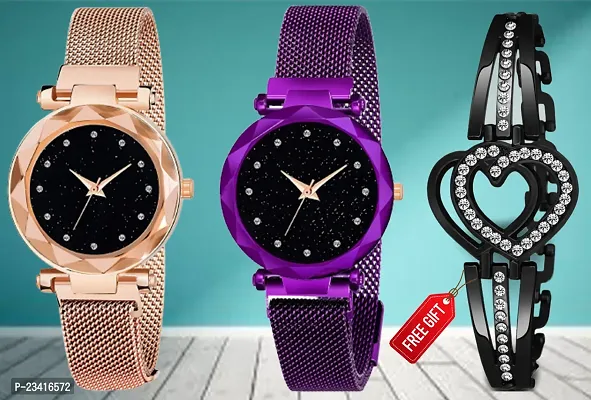 Diamond Studded Sky Dial Megnetic Mesh Gold / Purple Strap Analog Watch With Free Gift Heart Black Bracelet Only For Cute Girls /Women-thumb0