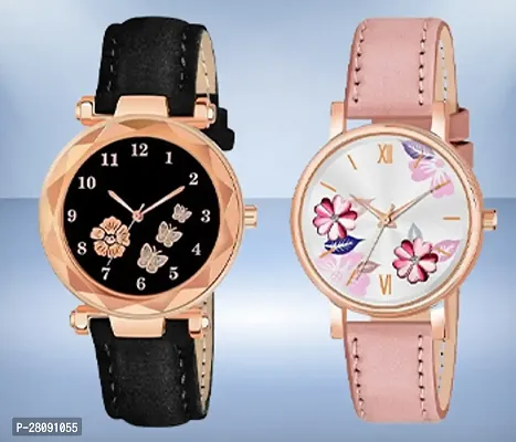 Classic Design Multicolor Dial Leather Belt Analog Combo Watch for Girls and Women Pack Of 2