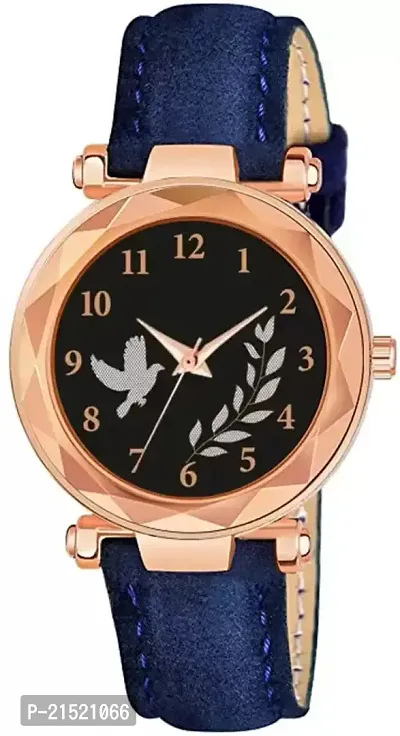 Bird And Leaf Classic Design Black Dial Blue Leather Strap Analog Watch For Girls/Women