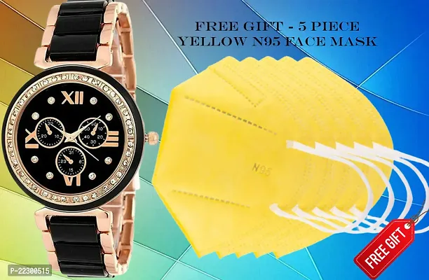 Unique Design Black Dial Mina Chain Belt Women Analog watch With Free Gift 5 Piece N95 Yellow Mask-thumb0