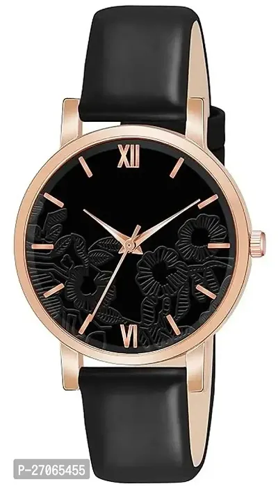 Flower Design Black Dial With Black Leather Belt Analog Watch For Women-thumb0