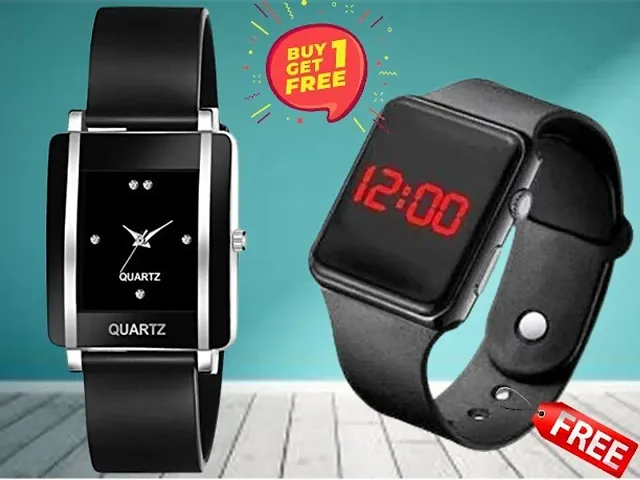 Rectangle Dial PU belt Analog Watch For Women Get Free Gift For Kids LED Watch (BUY ONE GET ONE FREE)