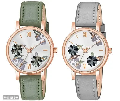 Green  Grey Dual Flowered Dial Green  Grey Leather Strap Watch for Girls