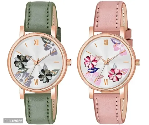 Green  Peach Dual Flowered Dial Green  Peach Leather Strap Watch for Girls