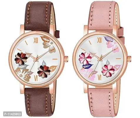 Brown  Peach Dual Flowered Dial Brown  Peach Leather Strap Watch for Girls