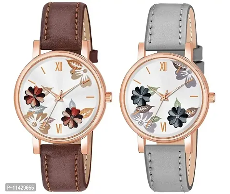 Brown  Grey Dual Flowered Dial Brown  Grey Leather Strap Watch for Girls