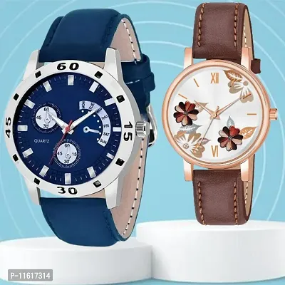 Special Quality Blue Dial Blue Strap Analog Men Watch With Brown Flowered Dial Brown Leather Strap Analog watch For Women/Girls-thumb0