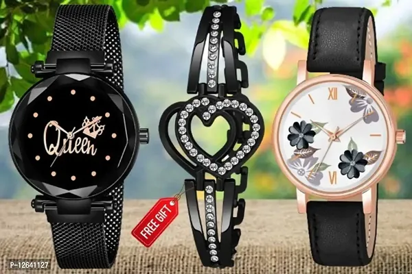 Latest Unique Design Black Dial and Strap Analog Women Girls Watch With Free Gift Heart Shape Black Bracelet Only For you