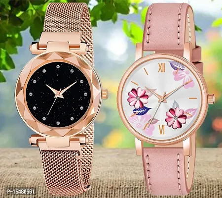 Stylish Diamond Studded Black Dial Gold Mesh Magnetic Strap  Peach Flower Dial Peach Belt Analog  Watch For Women /Girls  Pack Of 2-thumb0