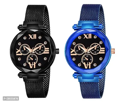 Unique Design Mina Black Dial Megnetic Black and Blue Mesh Belt Analog Watch For Women/Girls Pack Of 2-thumb0